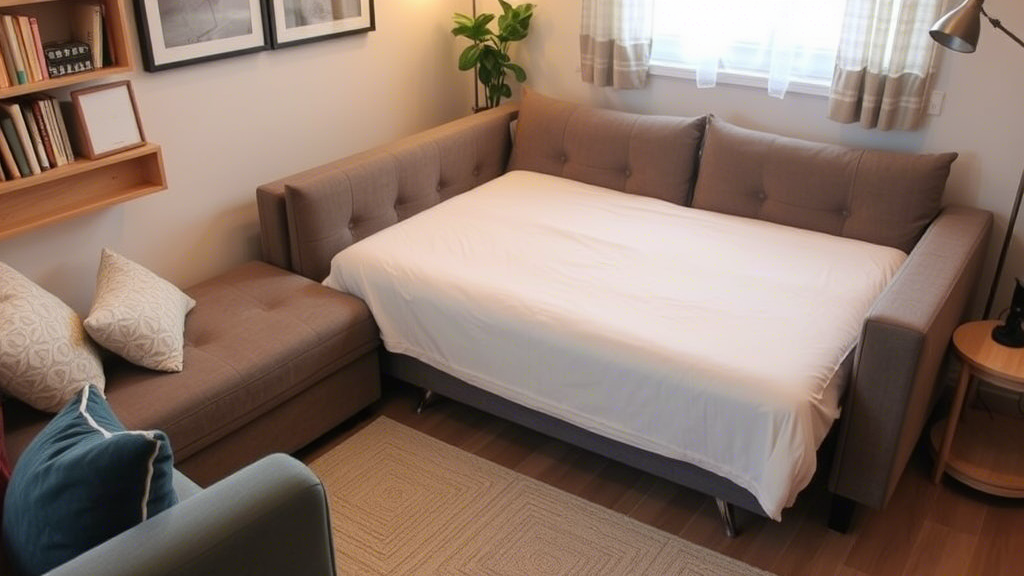 Compact sofa transforming into a bed in a small living room, showcasing its space-saving functionality and versatility.