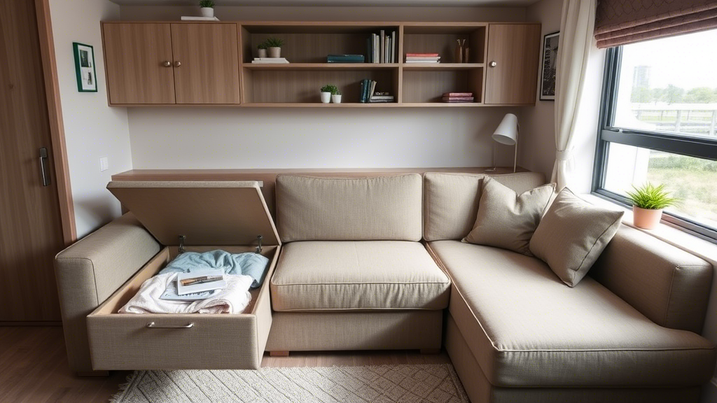 Multifunctional sofa with storage compartments in a cozy apartment, demonstrating its ability to provide additional storage and comfort in a compact design.