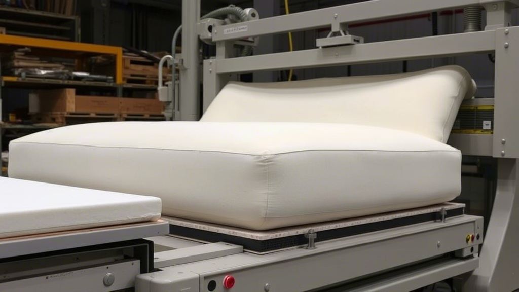 A large machine pressing and shaping foam into a compact sofa cushion.