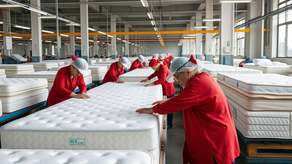 Chinese factory workers assembling memory foam mattresses with precision and care.