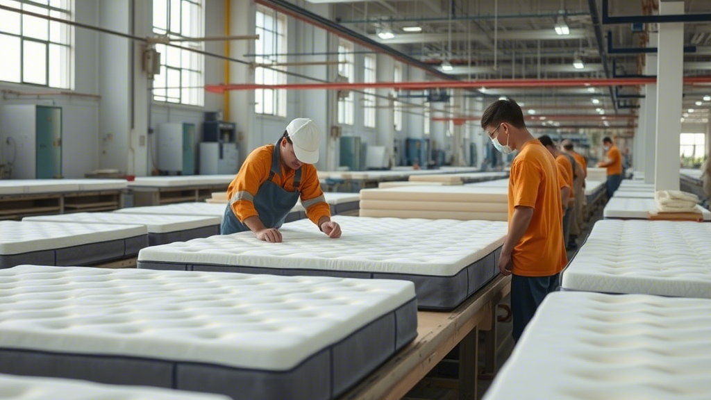 Chinese factory workers inspecting memory foam mattress production line
